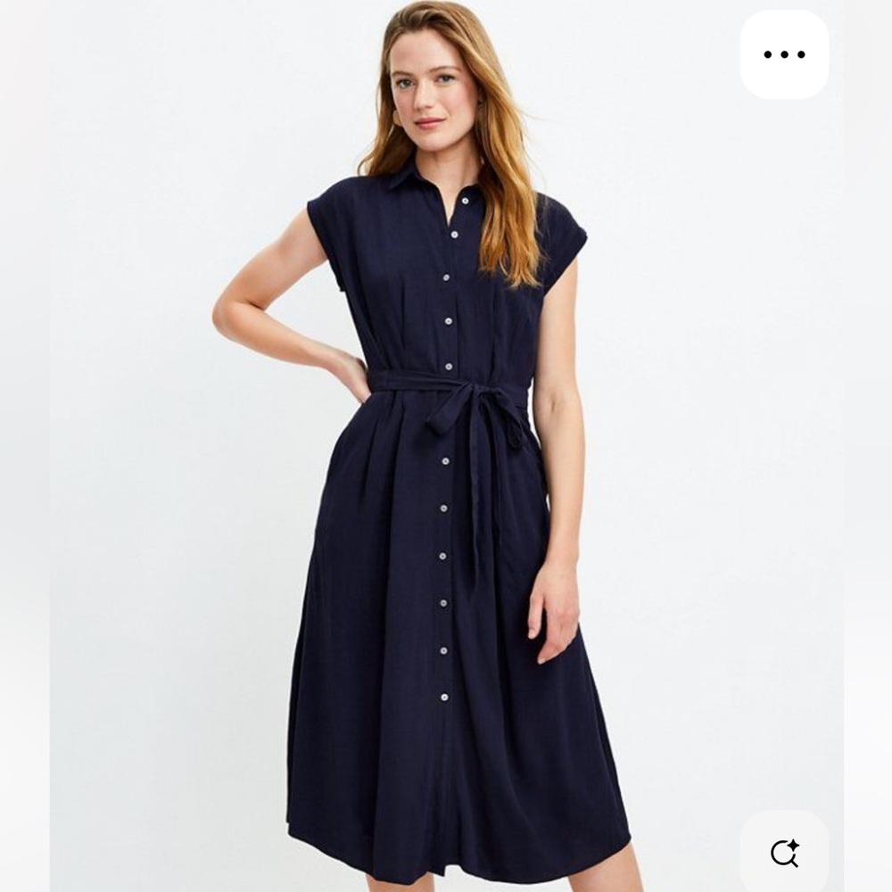 Ann Taylor Loft Navy Blue Button Front Short Sleeve Midi Shirt Dress 12 - Picture 2 of 6